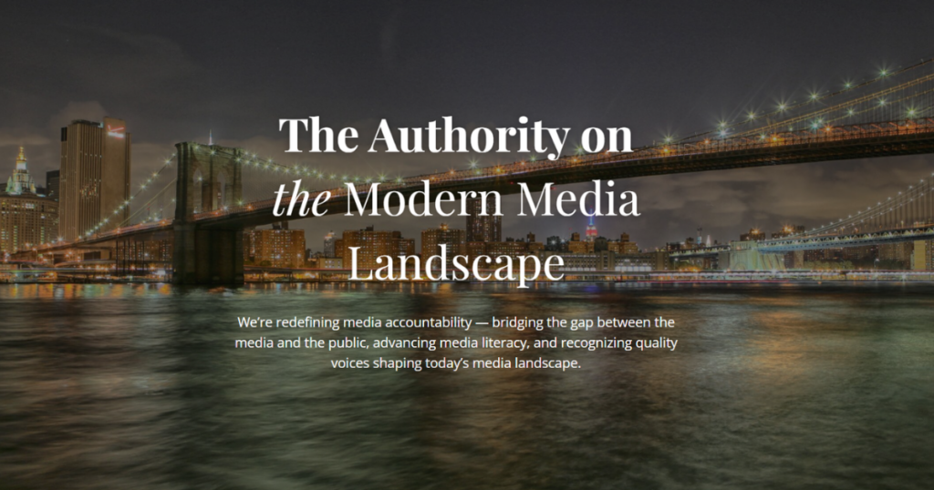 Fair Media Council homepage hero, illustrating a bridge between the media and the public with the tagline, The Authority on the Modern Media Landscape